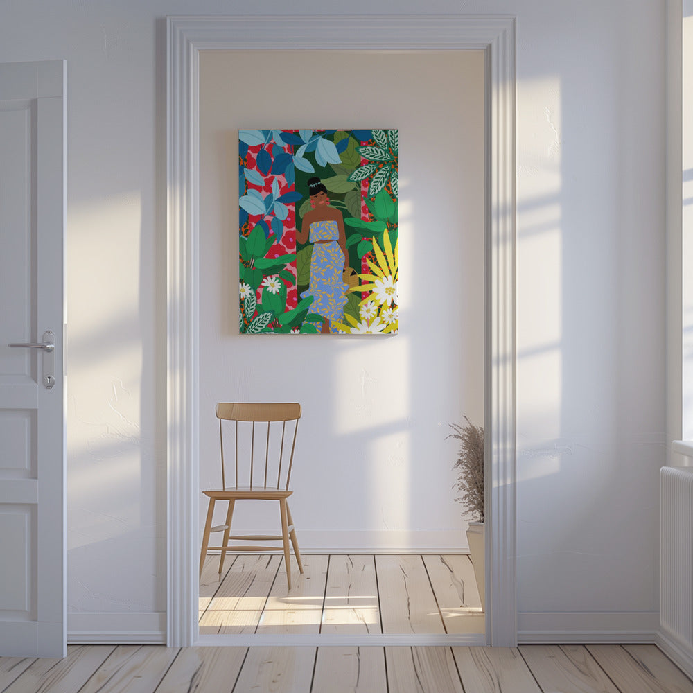 Vrouw in een jurk met bloemen | Canvas