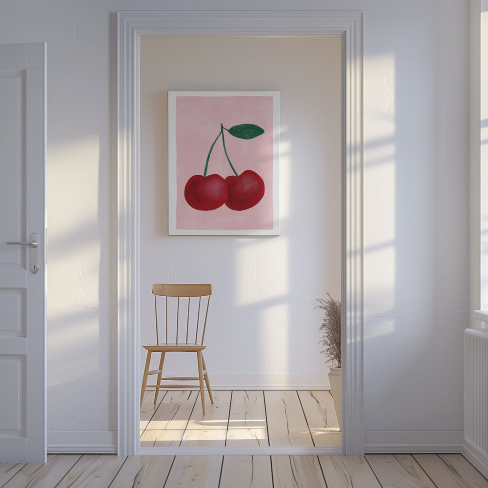Rode kersen met een groen blad | Canvas