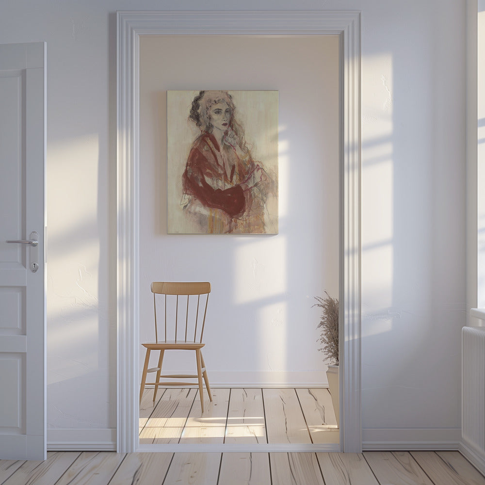 Contemplative Woman In Warm Red Tones | Canvas