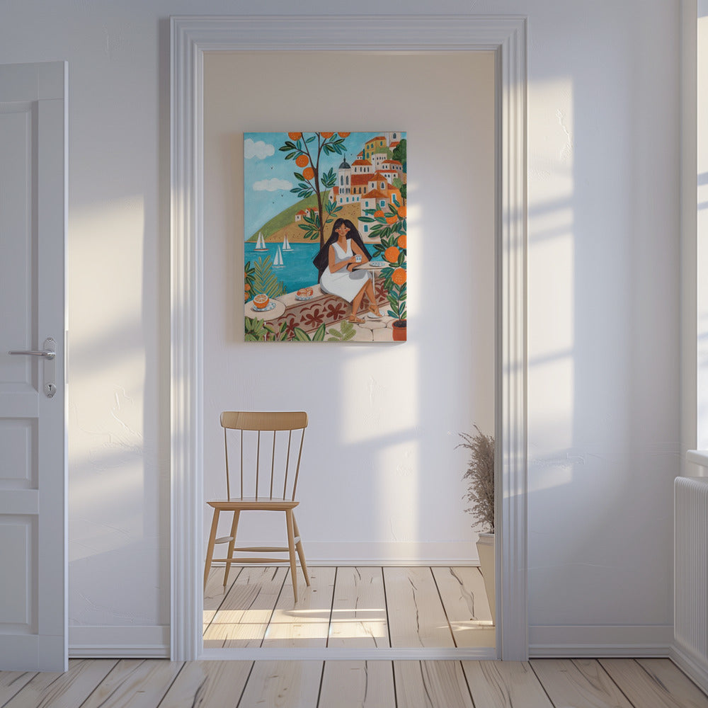Travel poster woman in Mediterranean coast | Canvas