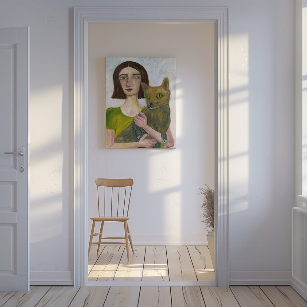 Kattenvrouw met groene kat | Canvas