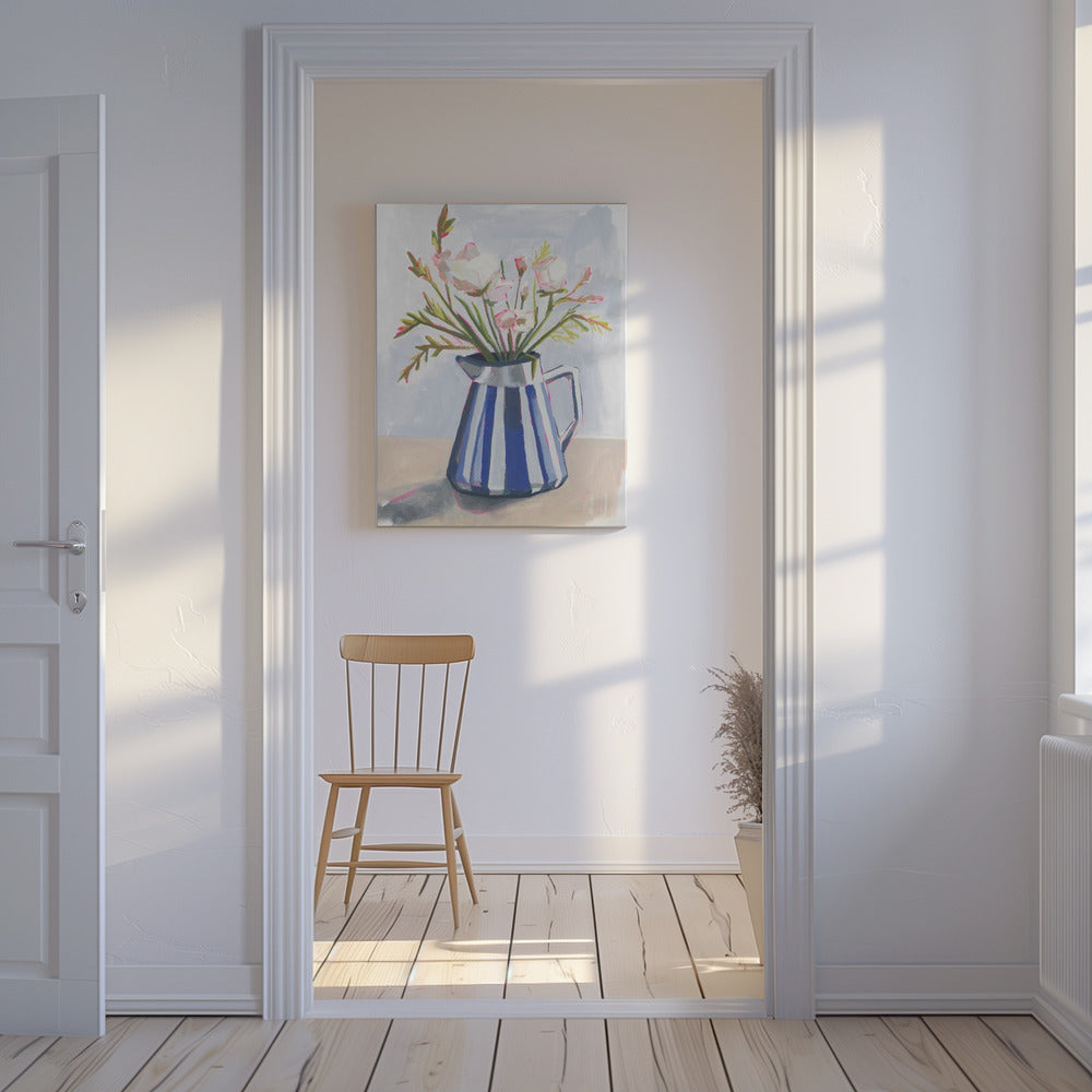 Verse bloemen in een gestreepte vaas I | Canvas