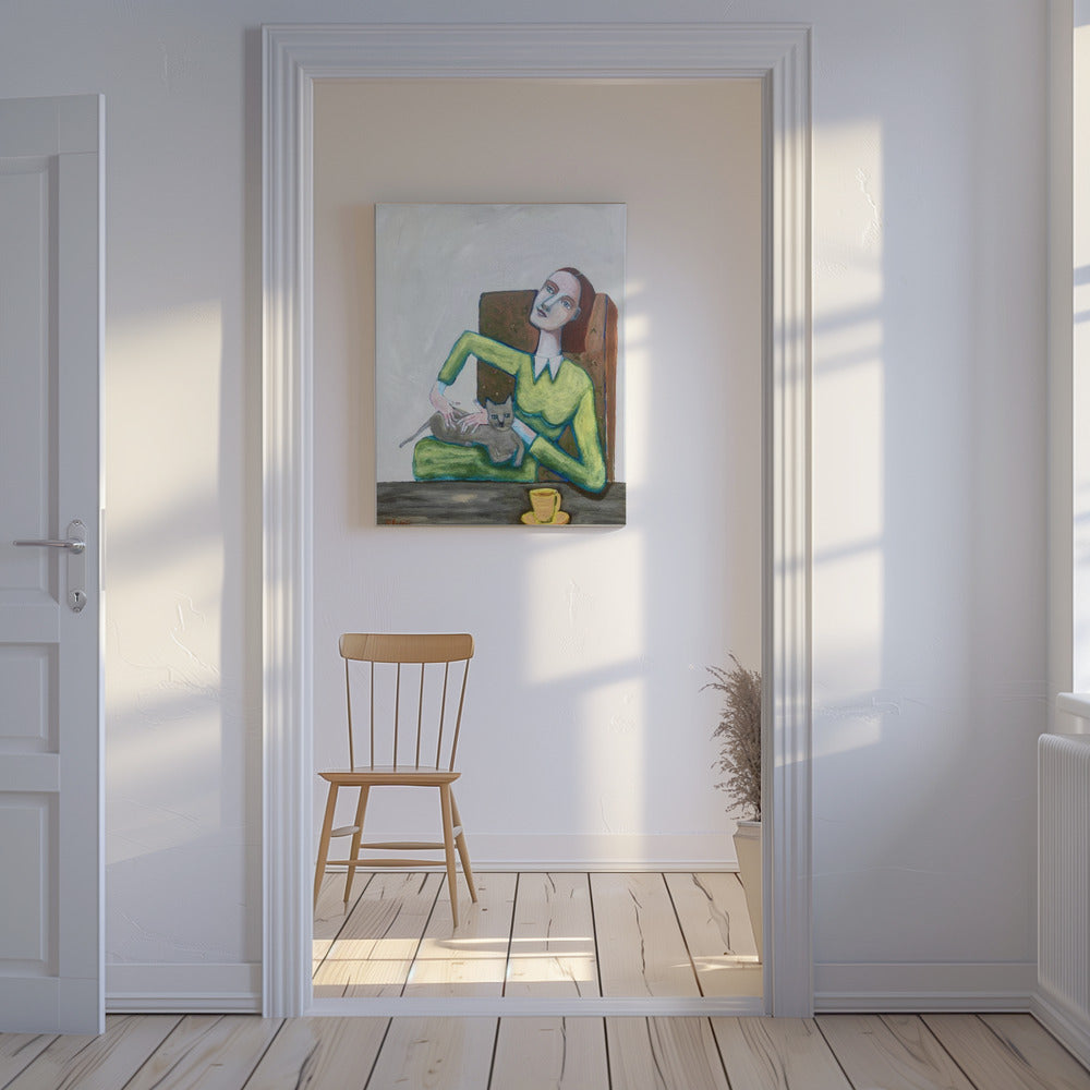 Dame kietelt grijze kat in stoel | Canvas