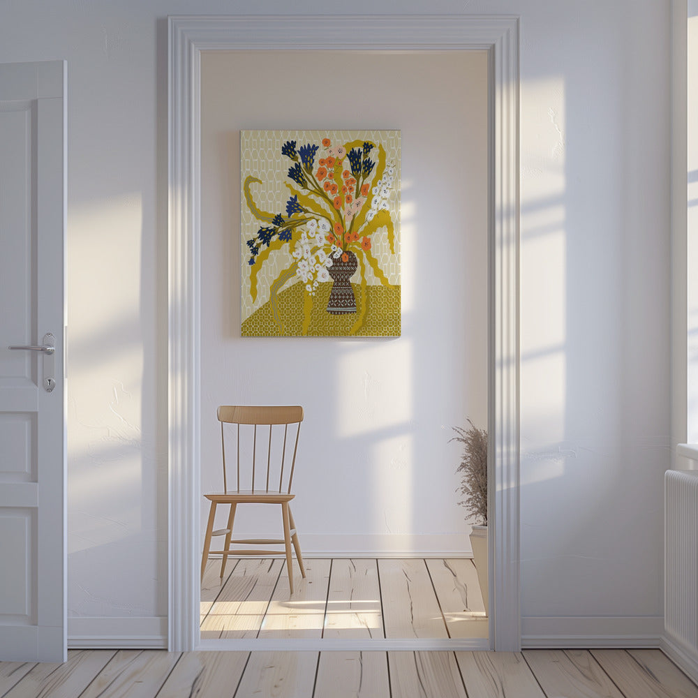Bloemig hedendaags stilleven mosterdgeel | Canvas