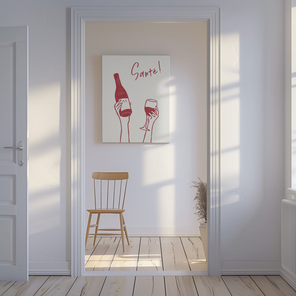 Handen met een fles wijn en een wijnglas met de tekst "Proost!" in het Frans | Canvas