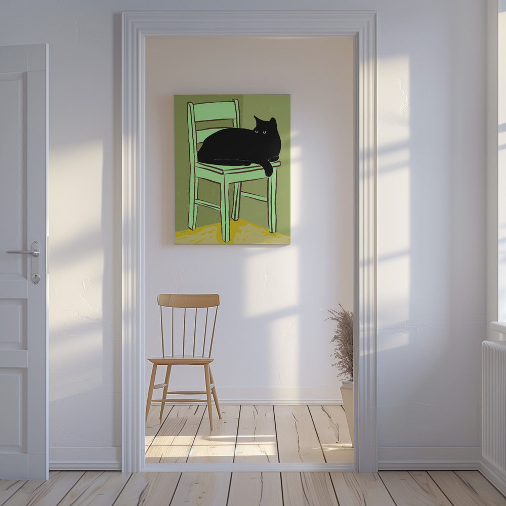 Zwarte kat op stoel | Canvas