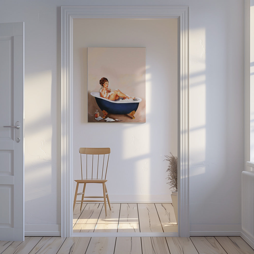 Bathtub Drinks: Pinup Girl Drinking In Bathroom | Canvas