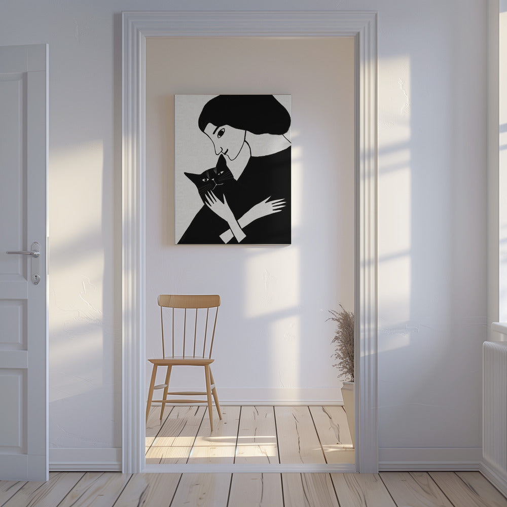Kattenvrouw met zwarte kat | Canvas