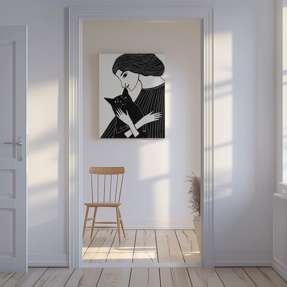 Kattenvrouw met zwarte kat | Canvas