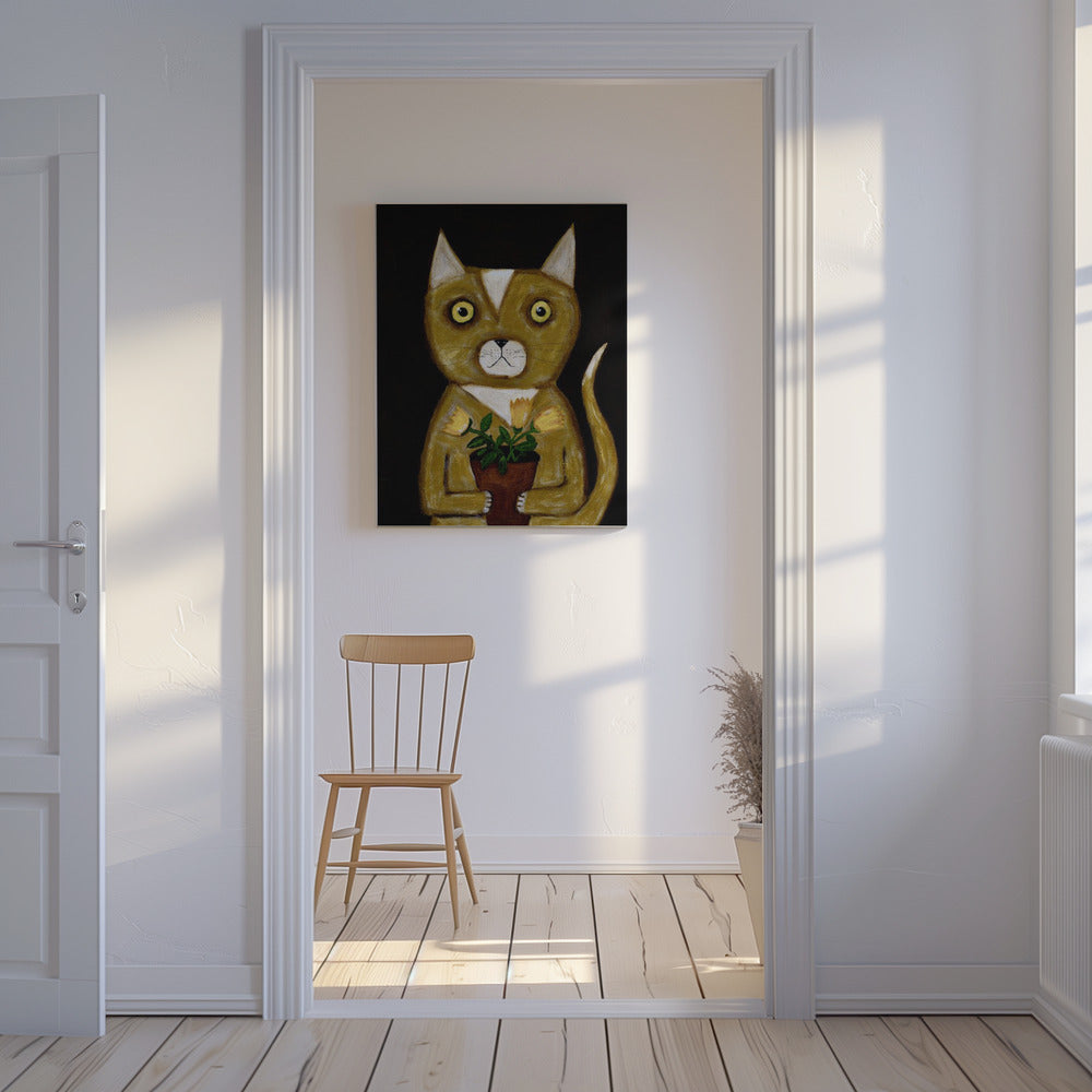 Potplant Kat zwarte achtergrond | Canvas