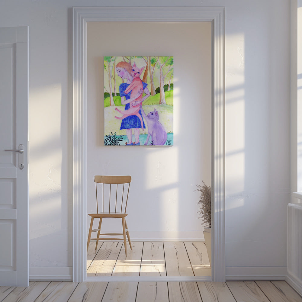 Dame met de roze en blauwe kat. | Canvas