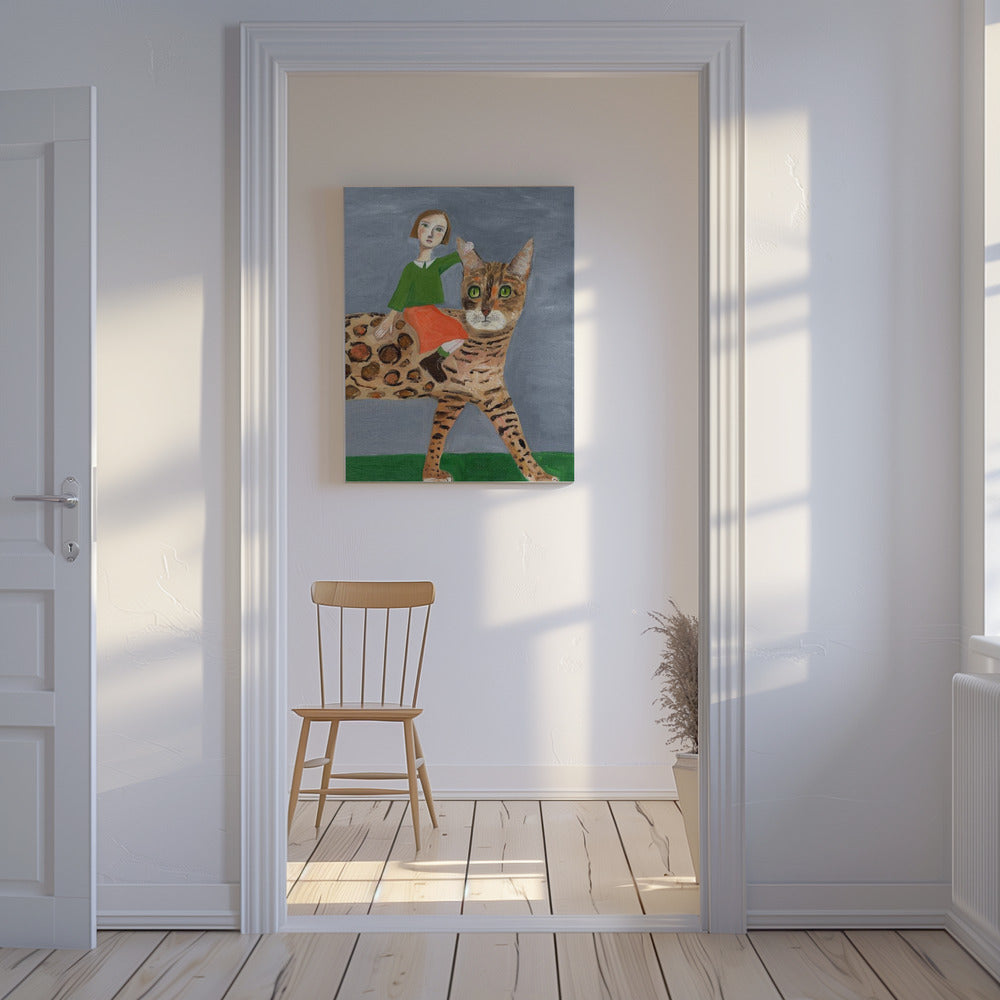 Girl on Bengal Cat | Canvas