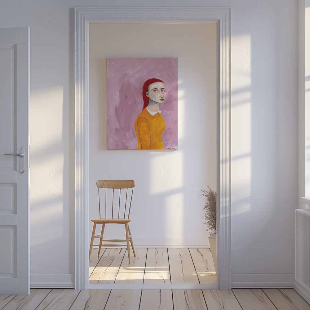 Dame in de gele jurk en roze achtergrond | Canvas
