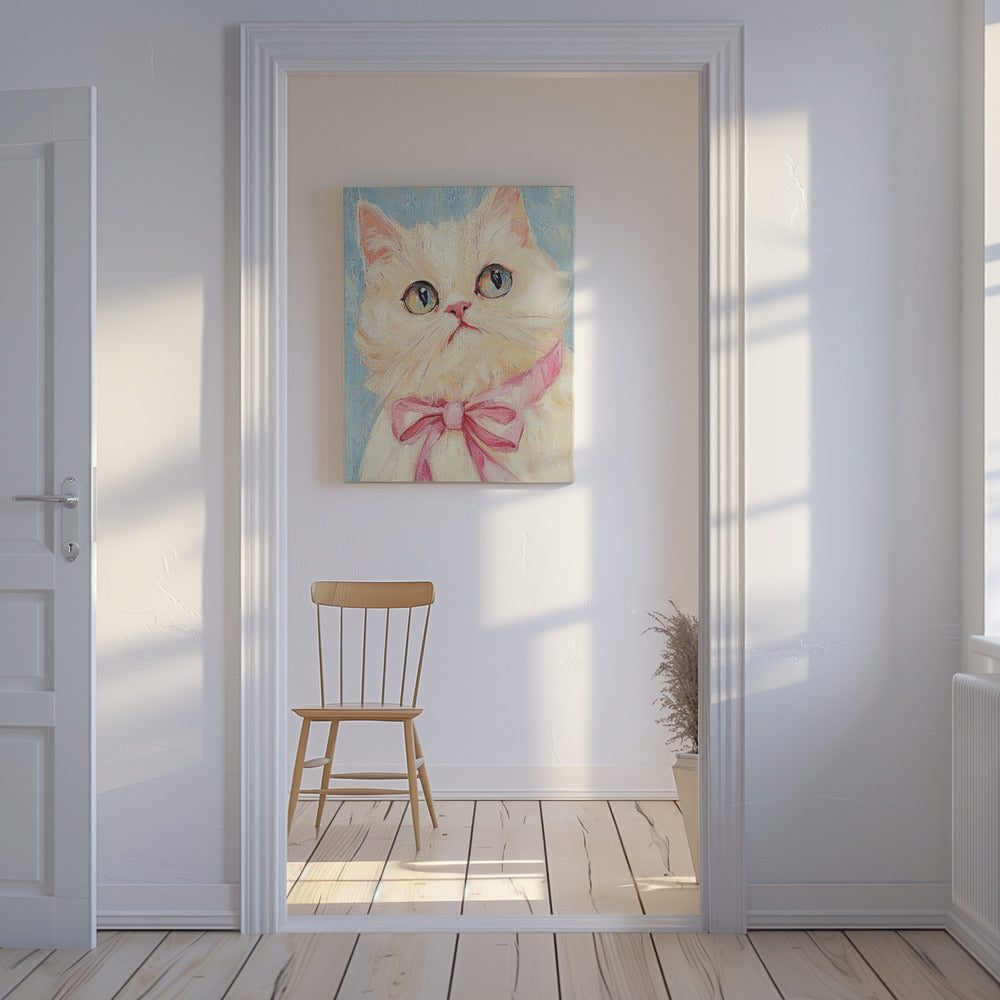 Roze strik witte kat | Canvas