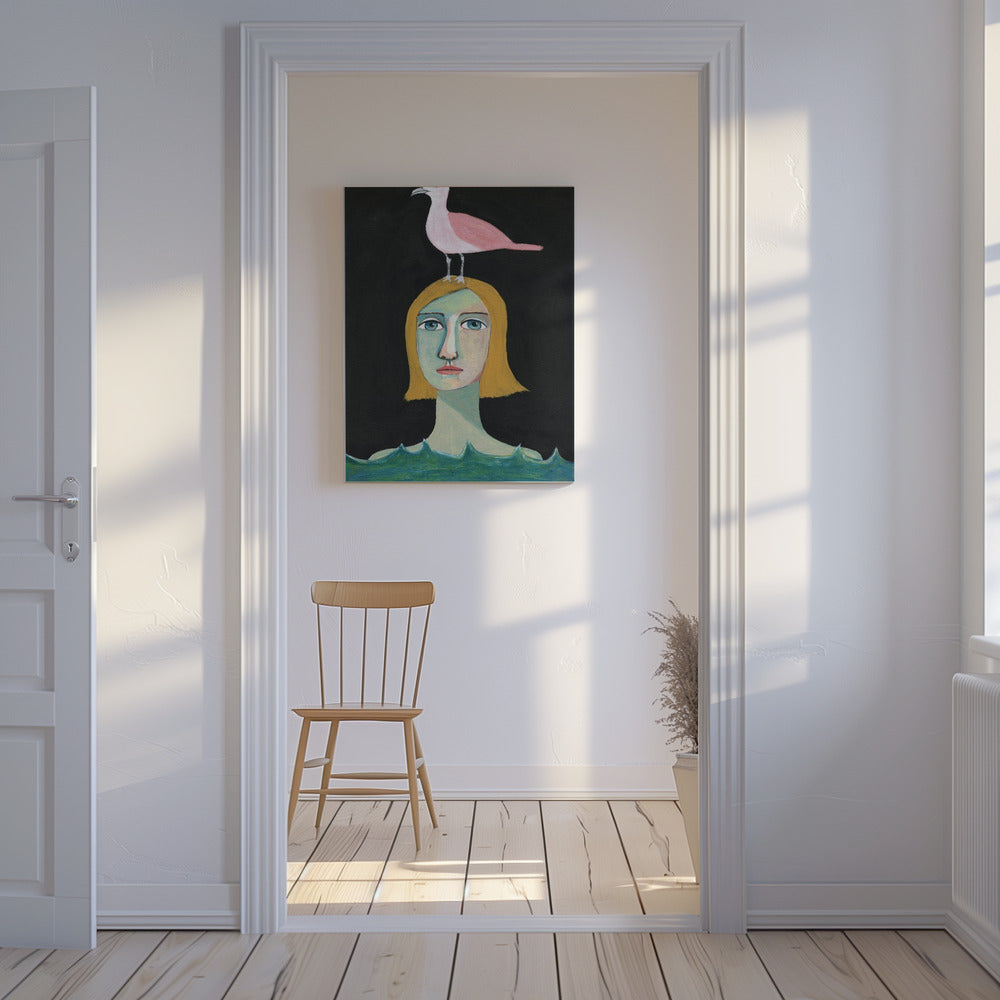 Swimming Girl with Pink Seagull | Canvas