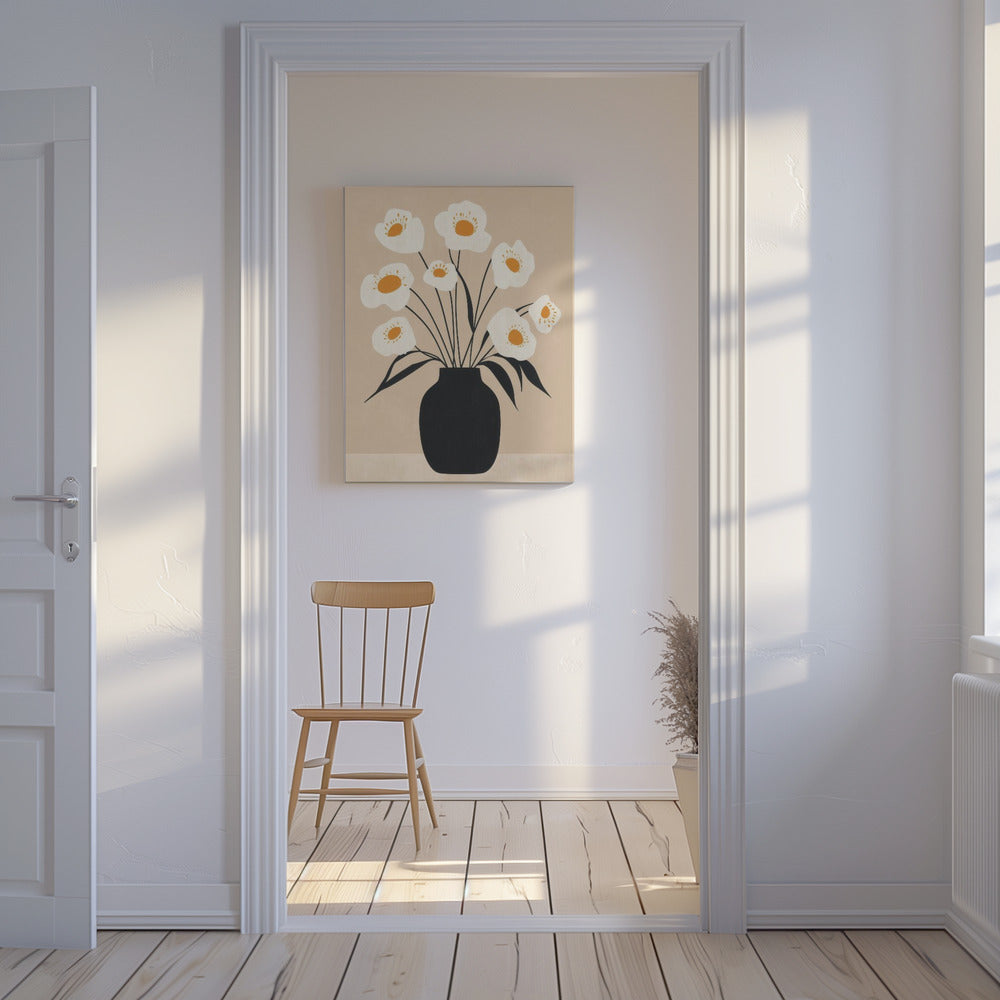 White Flowers in Black Vase | Canvas