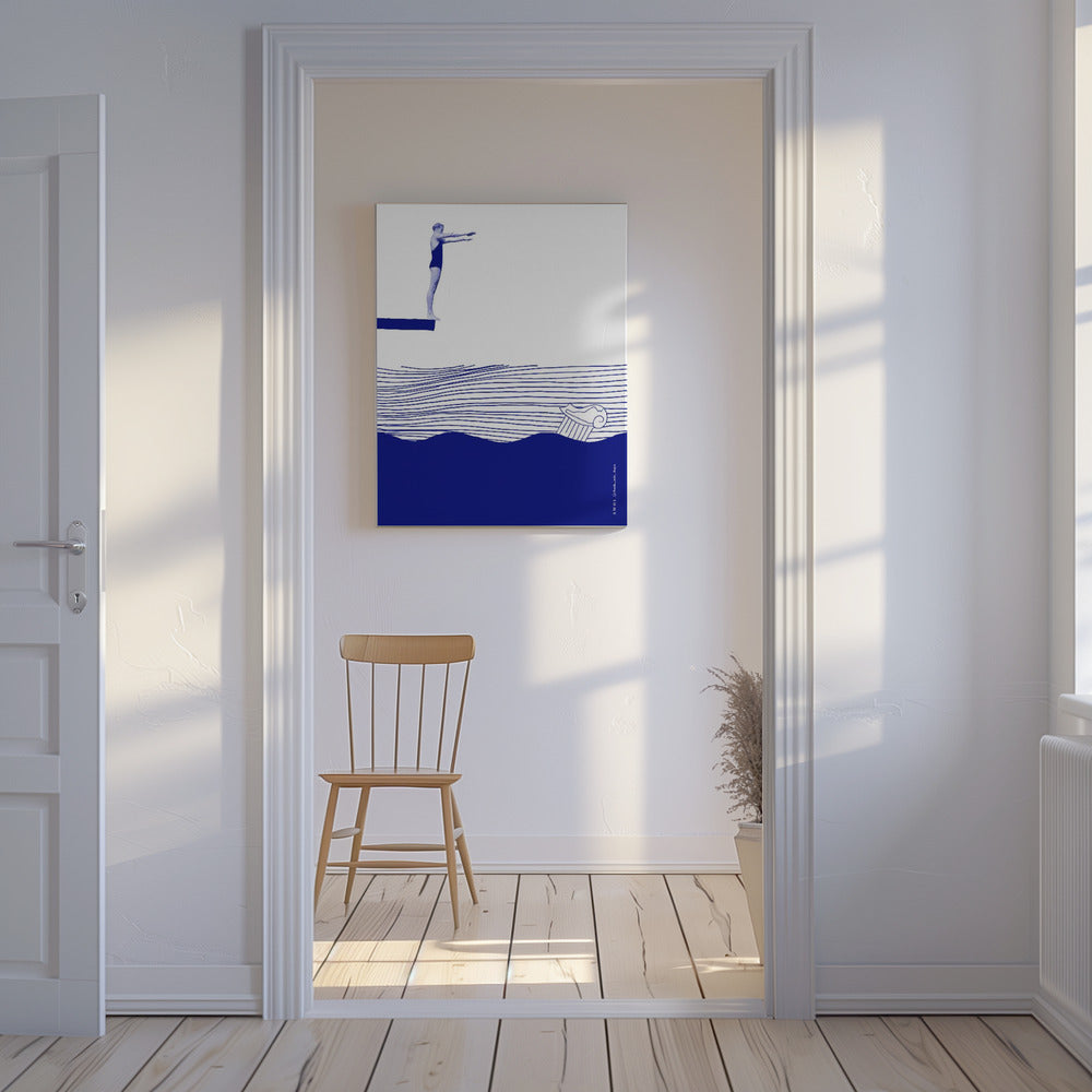 Moderne vintage strandmuurkunst, nautische kunstprint, vrouw zwemmend in abstracte zee | Canvas