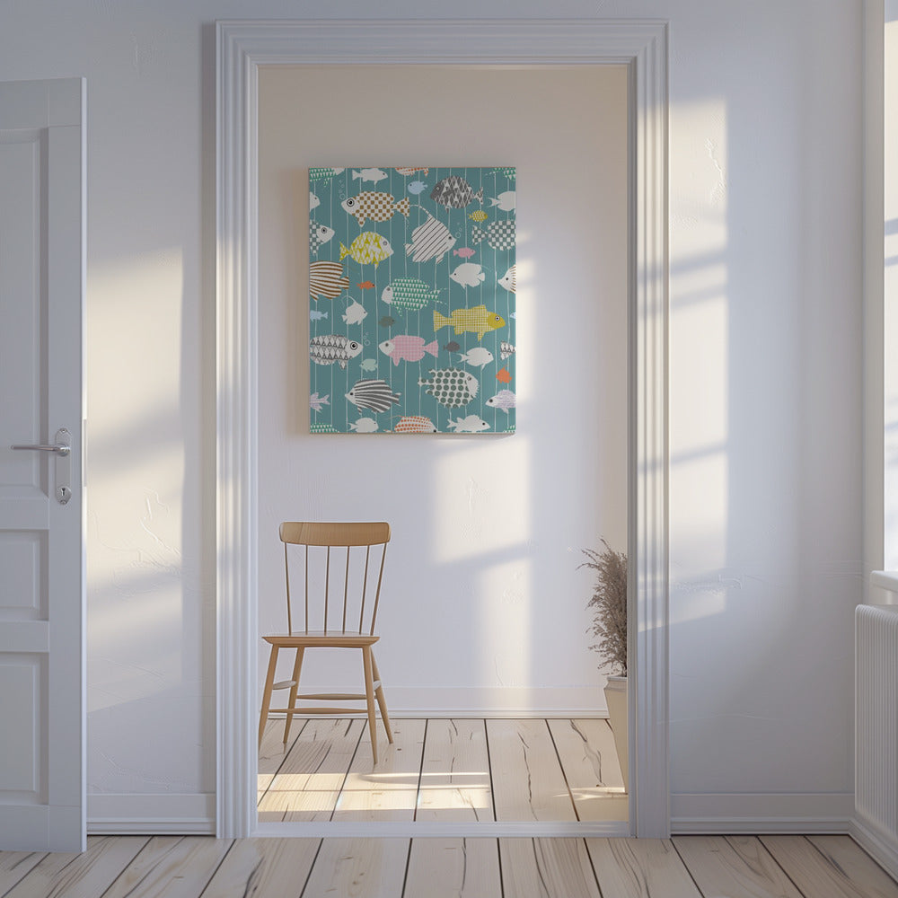 Verse vis op blauwgroen patroon | Canvas