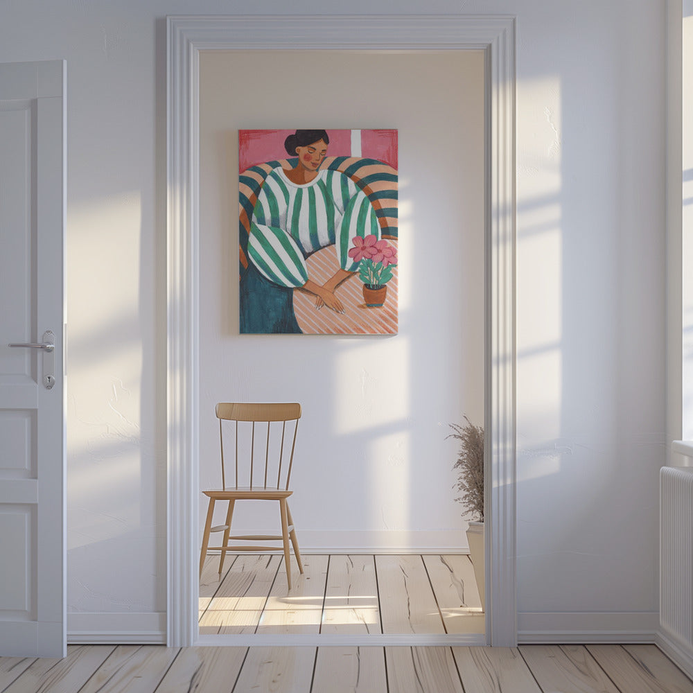 Vrouw in strepen in gedachten | Canvas