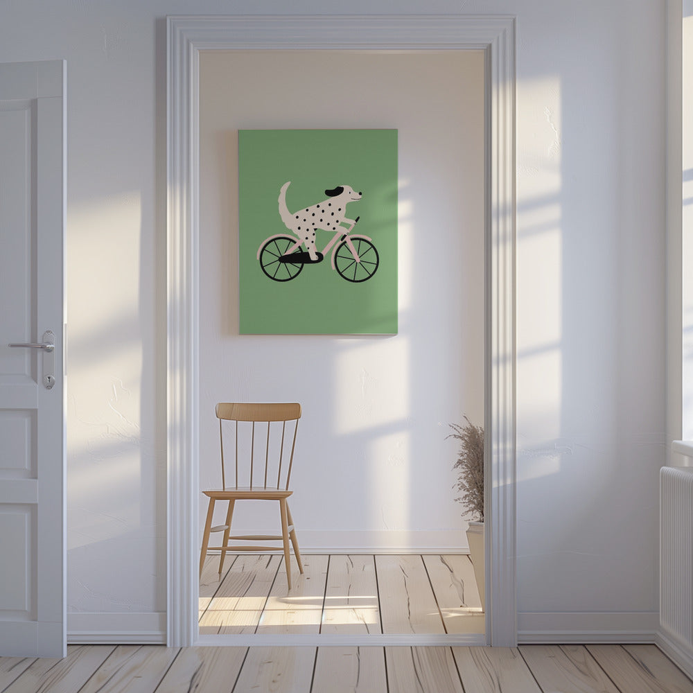 Gevlekte hond op de fiets | Canvas