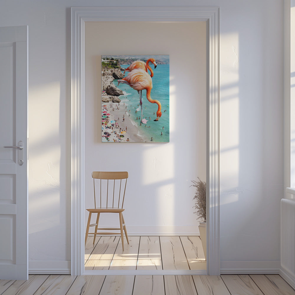 Flamingo's op het strand | Canvas
