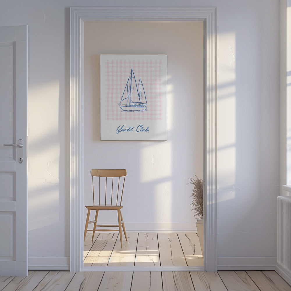 Minimalistische blauwe lijntekening van een jacht | Canvas