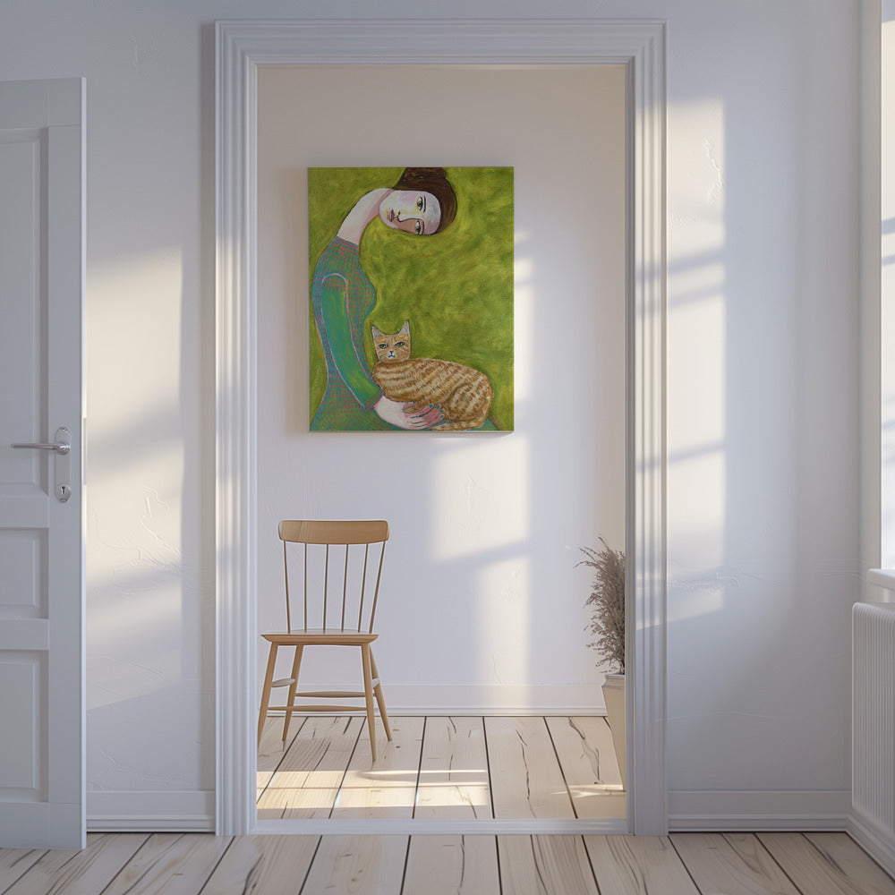 Bent Neck Lady met haar geliefde gemberkat. | Canvas