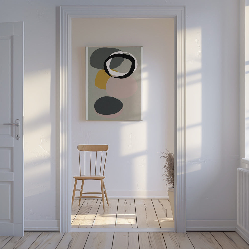 Abstracte cirkels in gedempte tinten met zwarte ring | Canvas