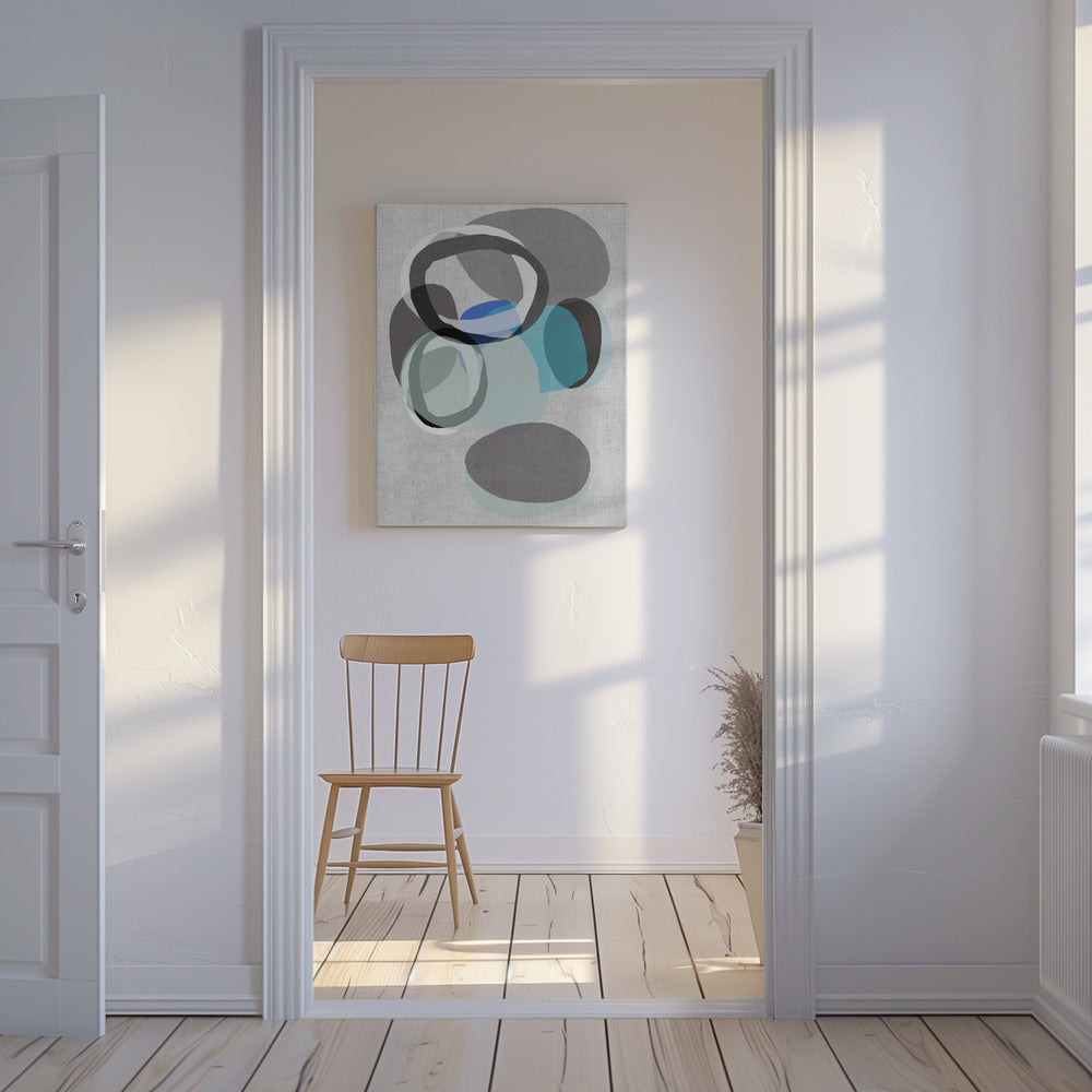 Abstracte vormen in blauw, grijs en zwarte ringen | Canvas