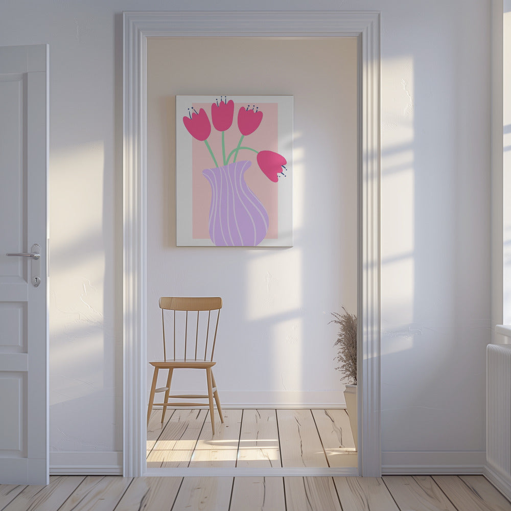 Levendige tulpen in een gestreepte lavendelvaas | Canvas