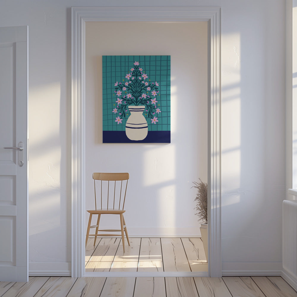 Turquoise bloemen in een vaas | Canvas