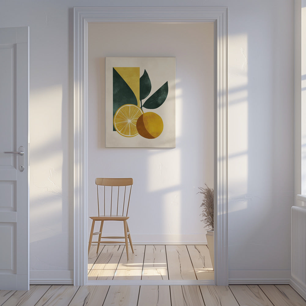 Gele citroen met groene bladeren Sereniteit | Canvas