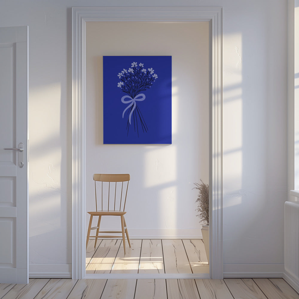 Bloemenboeket met strik - monochroom blauw | Canvas