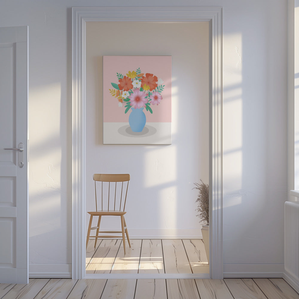 Levendig boeket bloemen in een blauwe vaas | Canvas