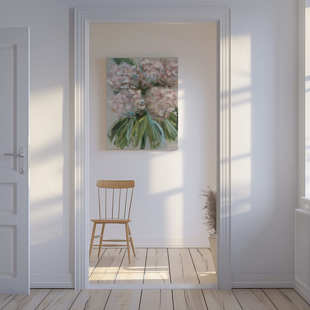Roze hortensia's met groene bladeren | Canvas