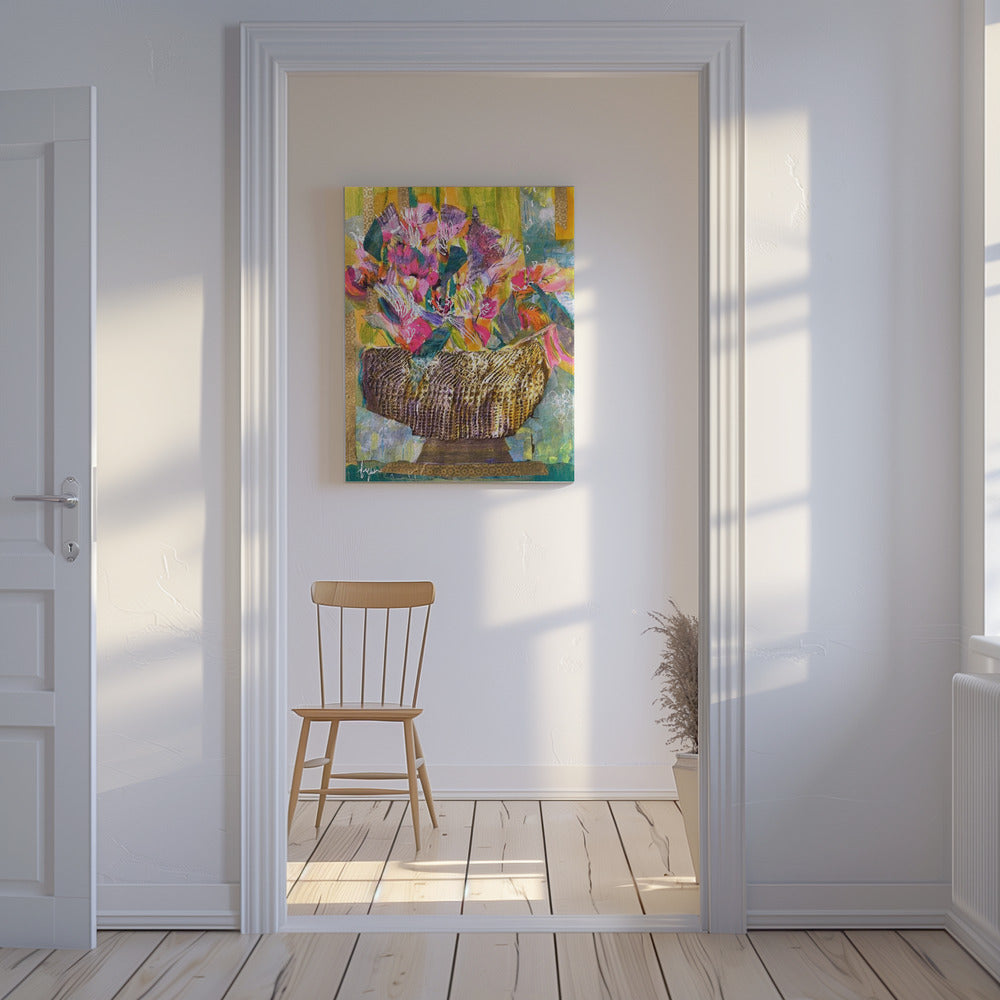 Gouden mand met kleurrijke bloemen | Canvas