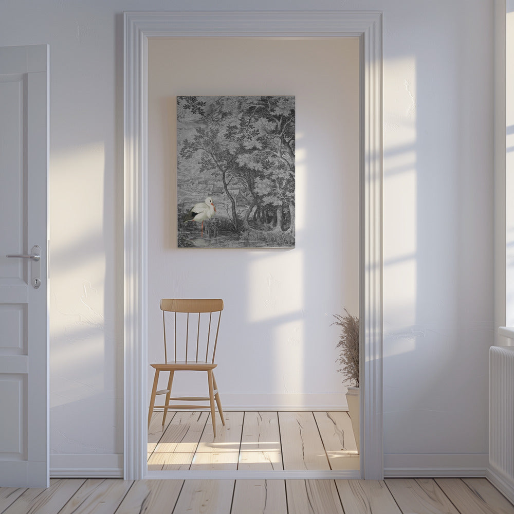 Vintage landschap met ooievaar | Canvas