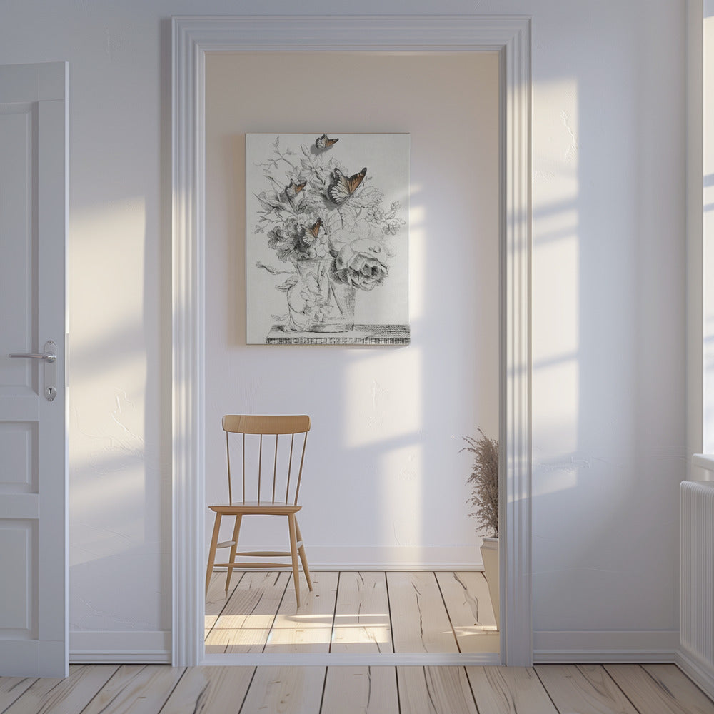 De vlinders en de vaas met bloemen | Canvas