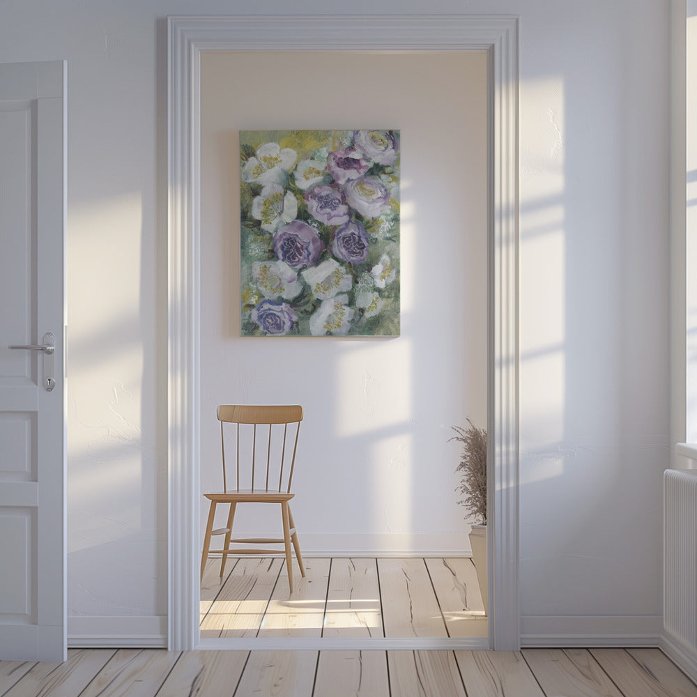 Bloemencompositie met witte en paarse bloemen | Canvas