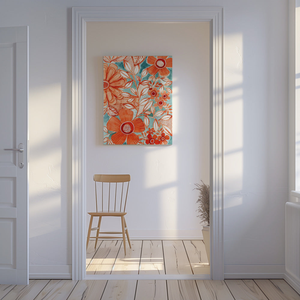 Rode madeliefjes met aqua | Canvas