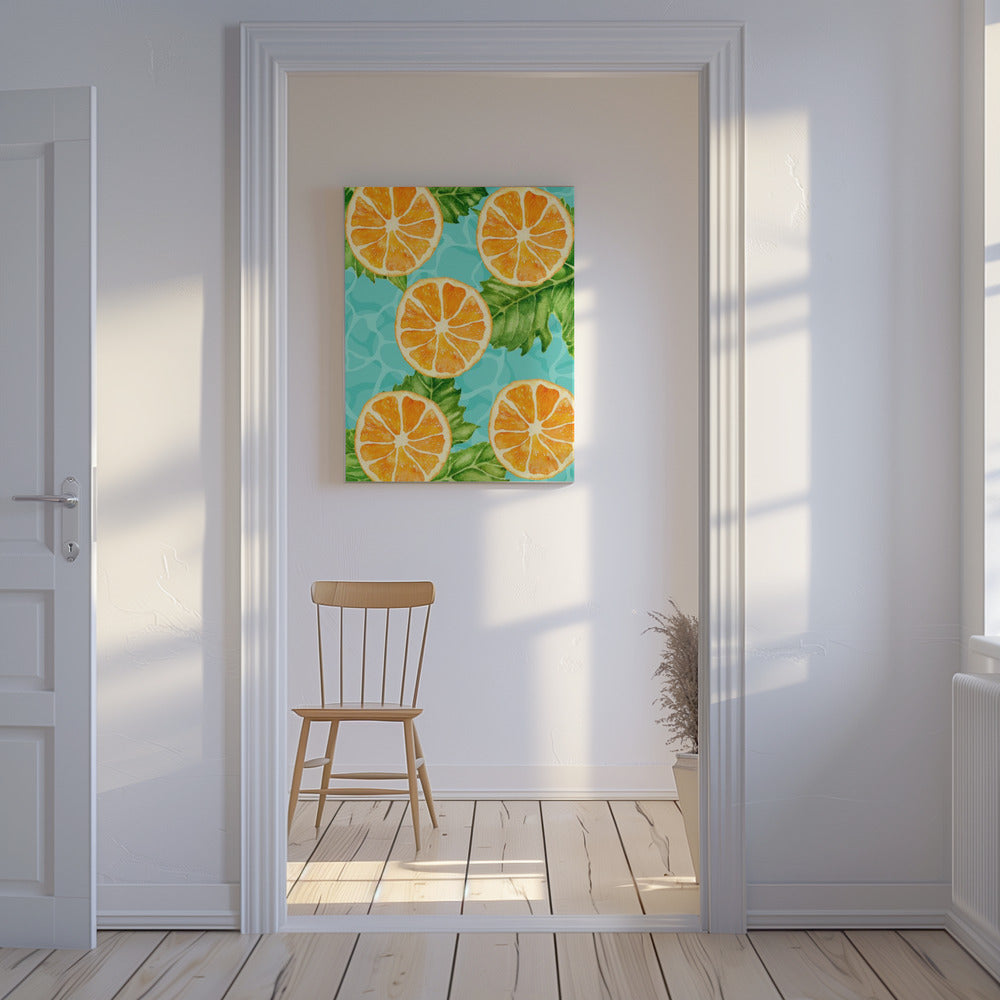 Levendig esthetisch patroon van sinaasappelschijfjes en bladeren - Verfrissende zomerse aquarel | Canvas