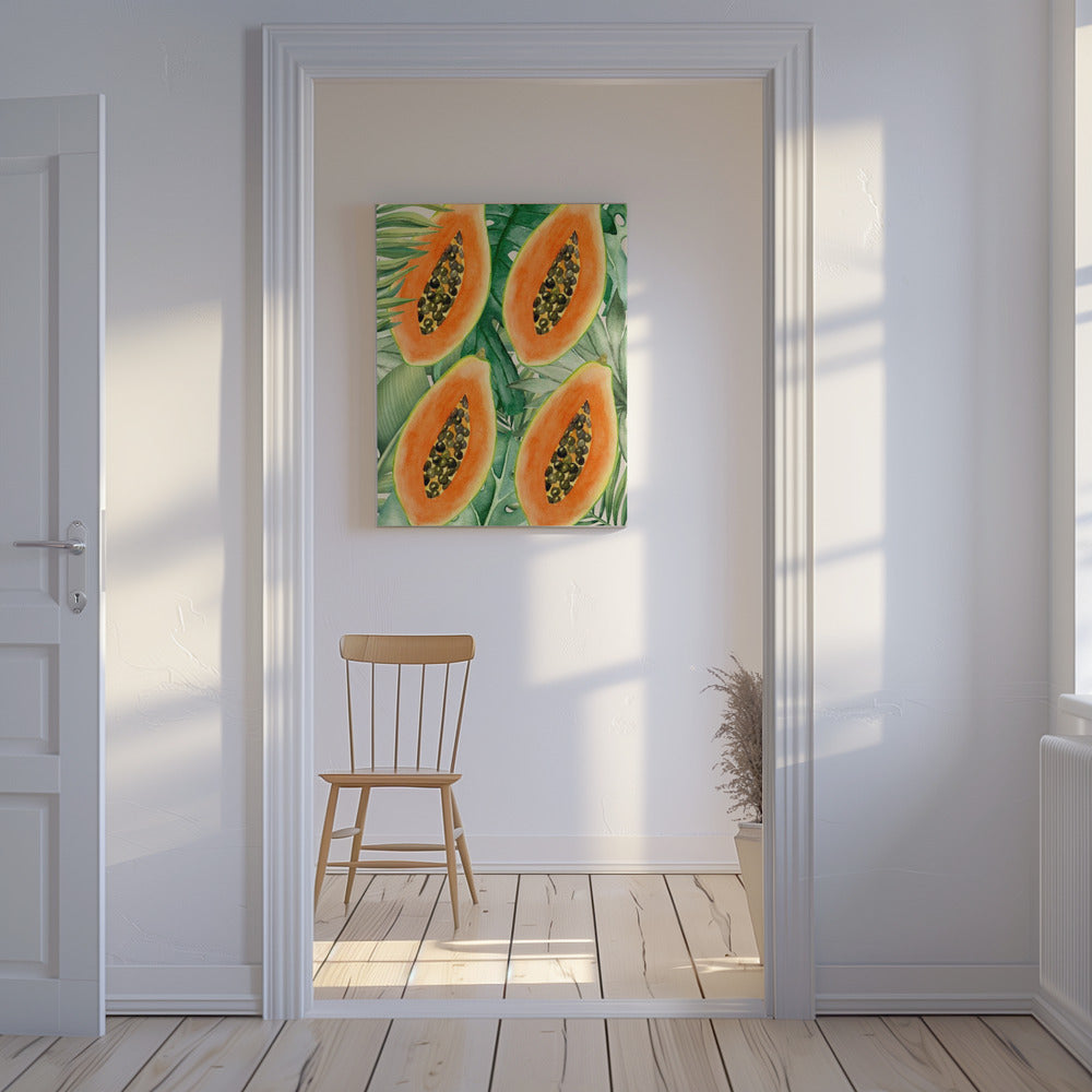 Exotische papaja en weelderige groene bladeren esthetisch patroon - Tropische botanische aquarel | Canvas
