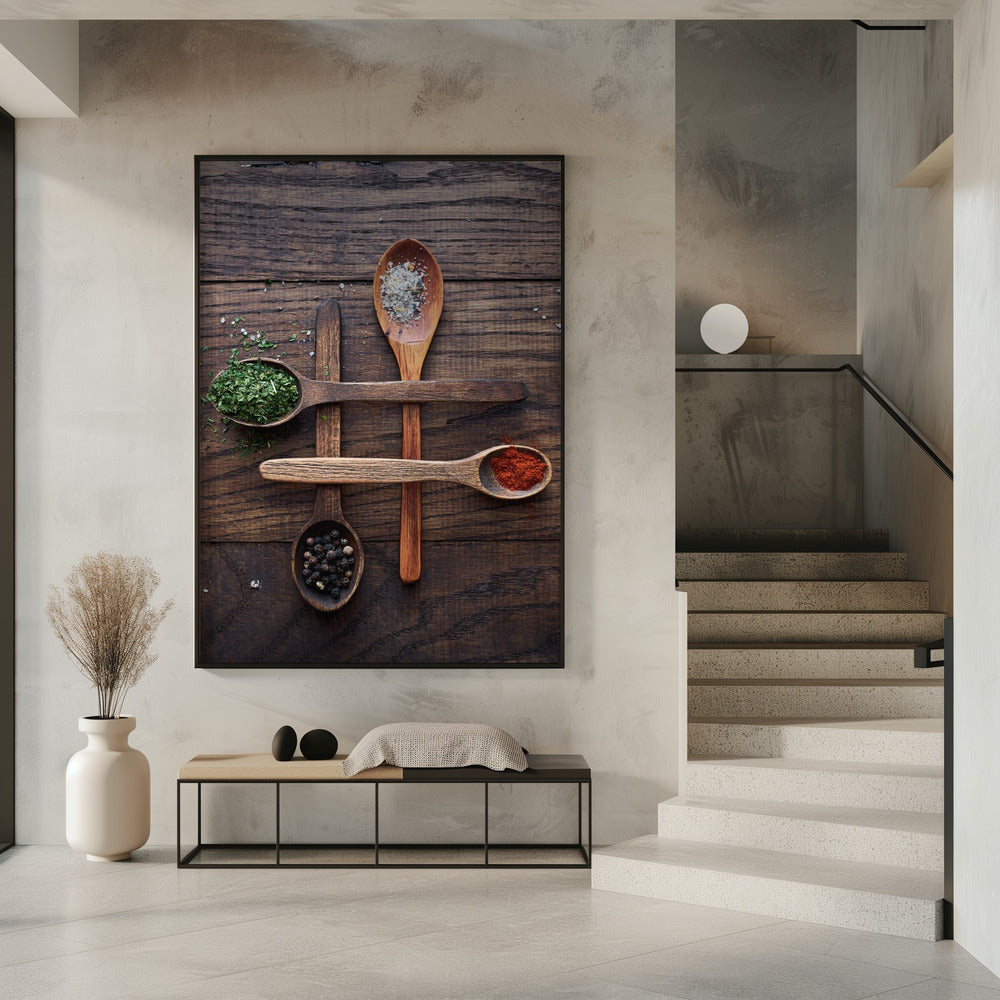 Houten lepels met kleurrijke kruiden | Poster
