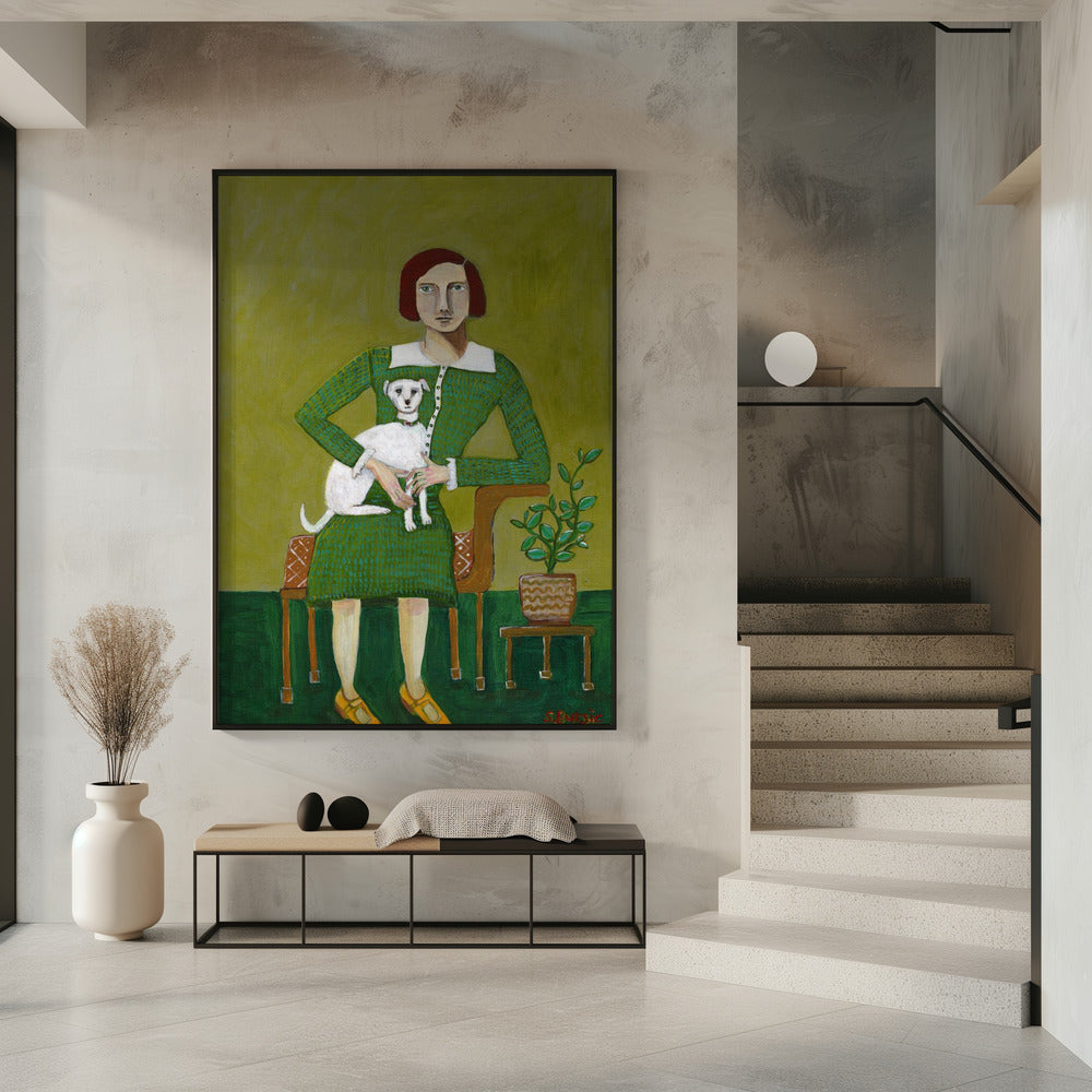 Vintage dame met haar witte hond | Poster