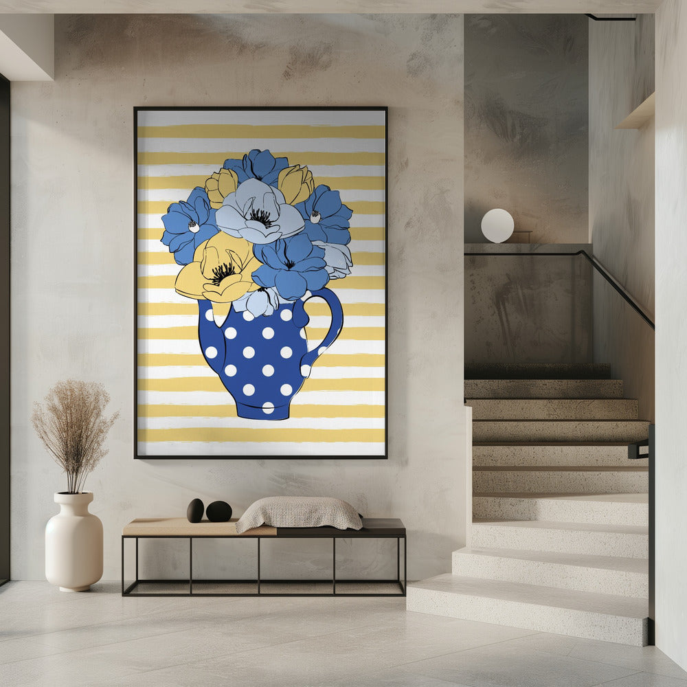 Blauwe en gele bloemen in een stippenvaas | Poster