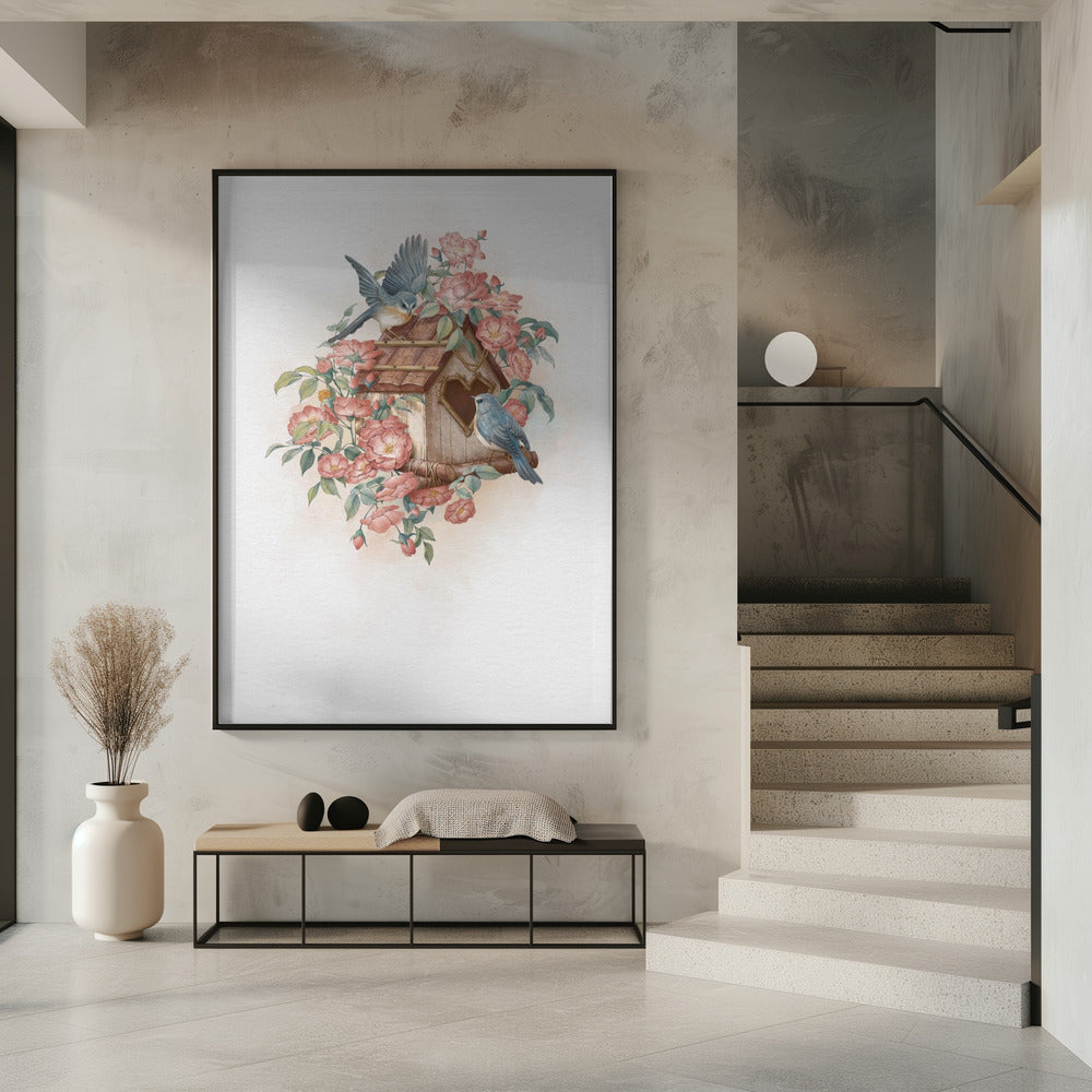 Vogelhuisje en roos | Poster