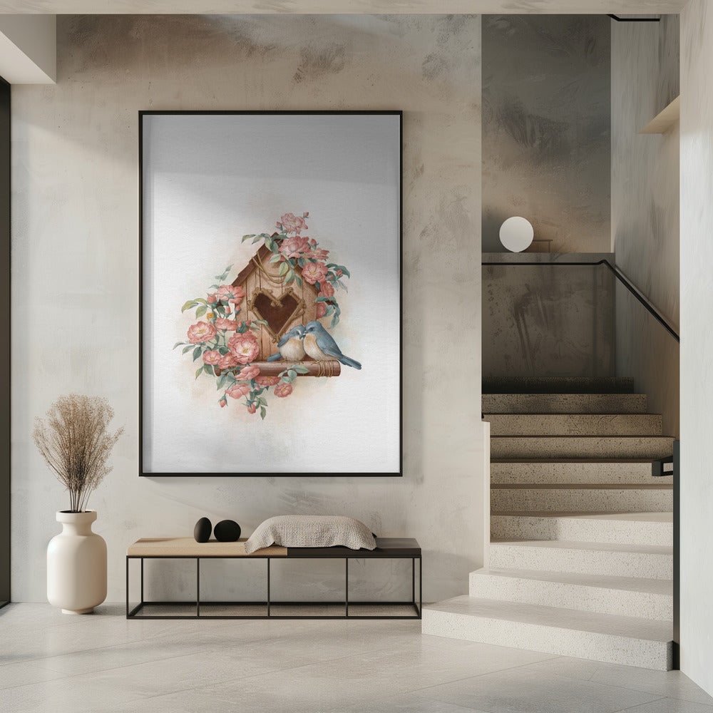 Vogelhuisje en roos | Poster