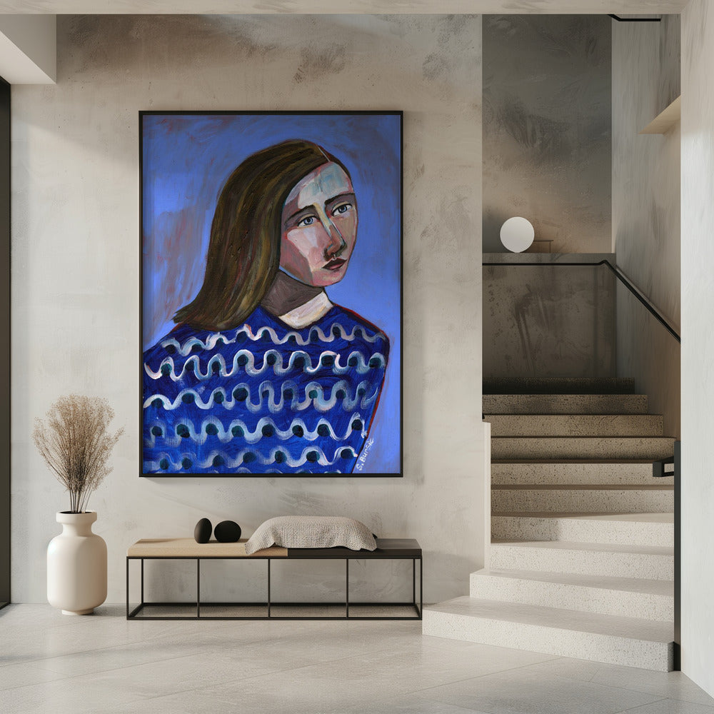 Vrouw in blauwe trui Naïef portret figuratief | Poster