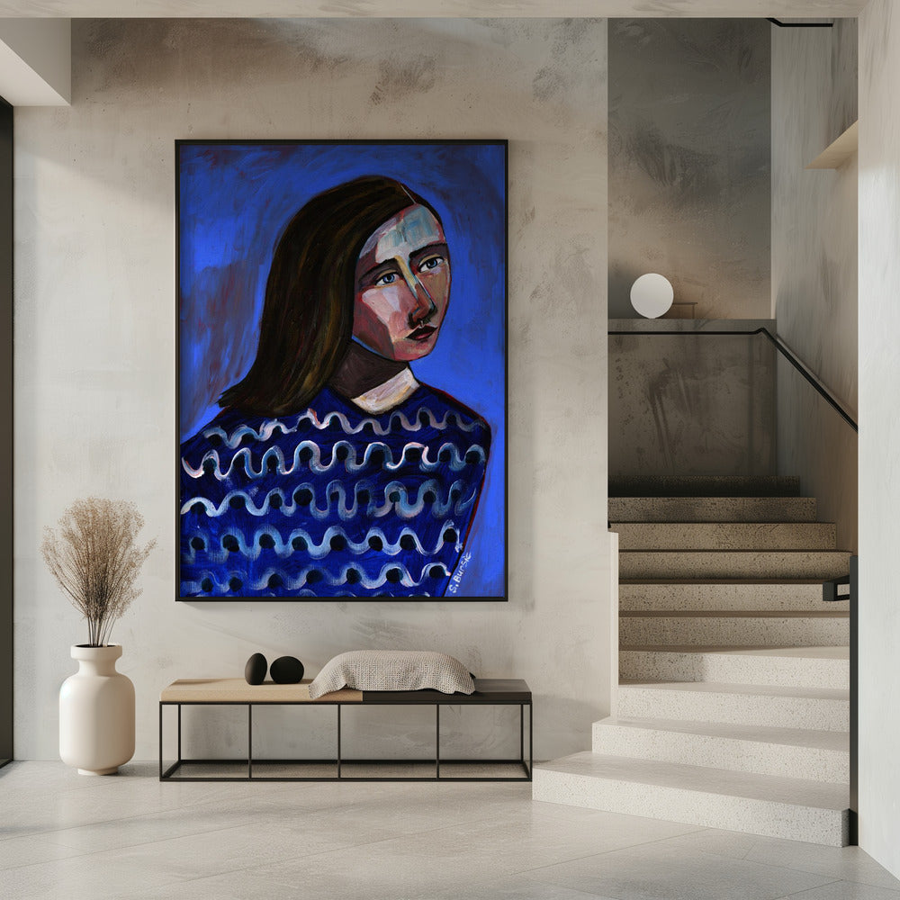 Vrouw in blauwe trui Naïef portret figuratief | Poster