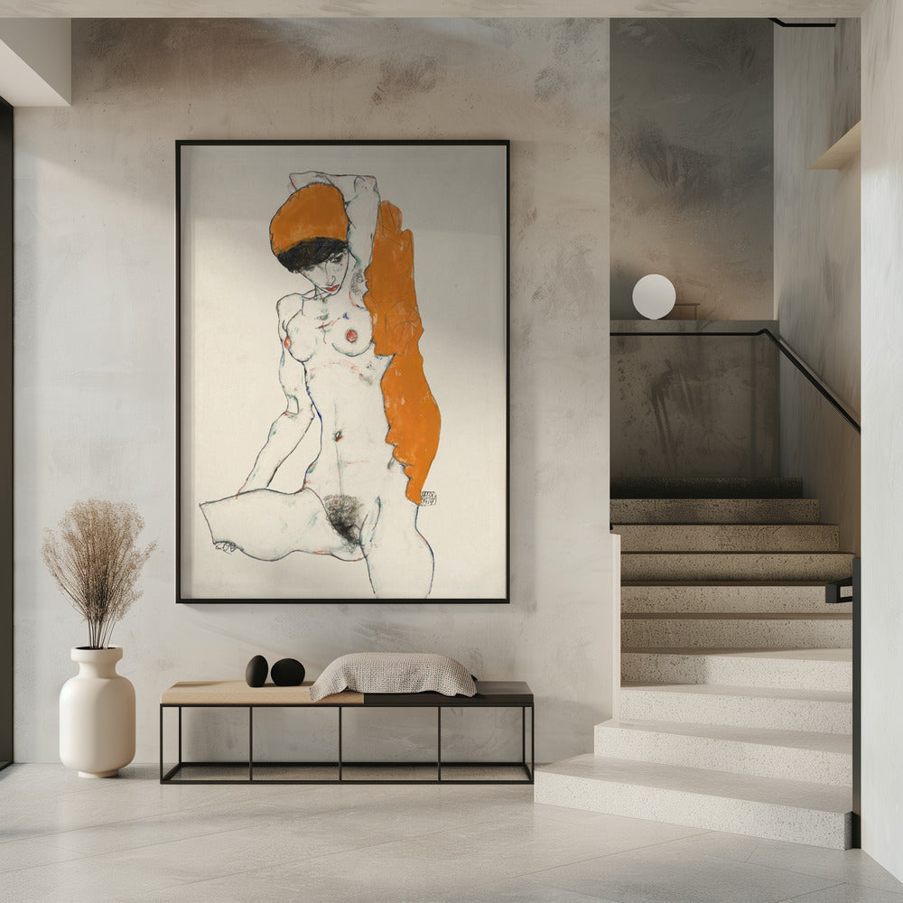 Staand naakt met oranje draperie 1914 | Poster